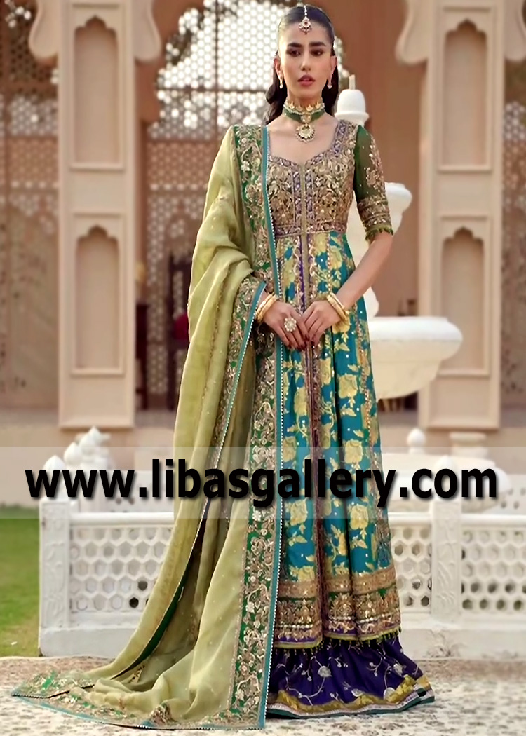 Green Blue Dioptase Jamawar Pishwas Banarsi Lehenga