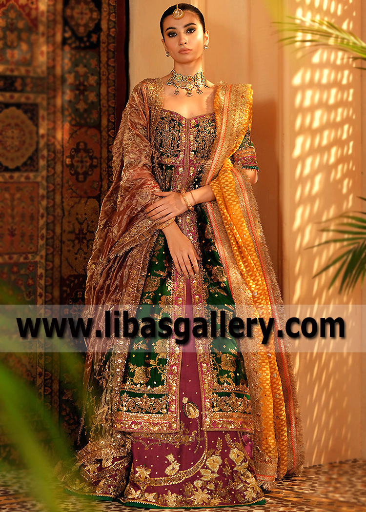 Green Uvarovite Embellished Pishwas with Purple Lehenga
