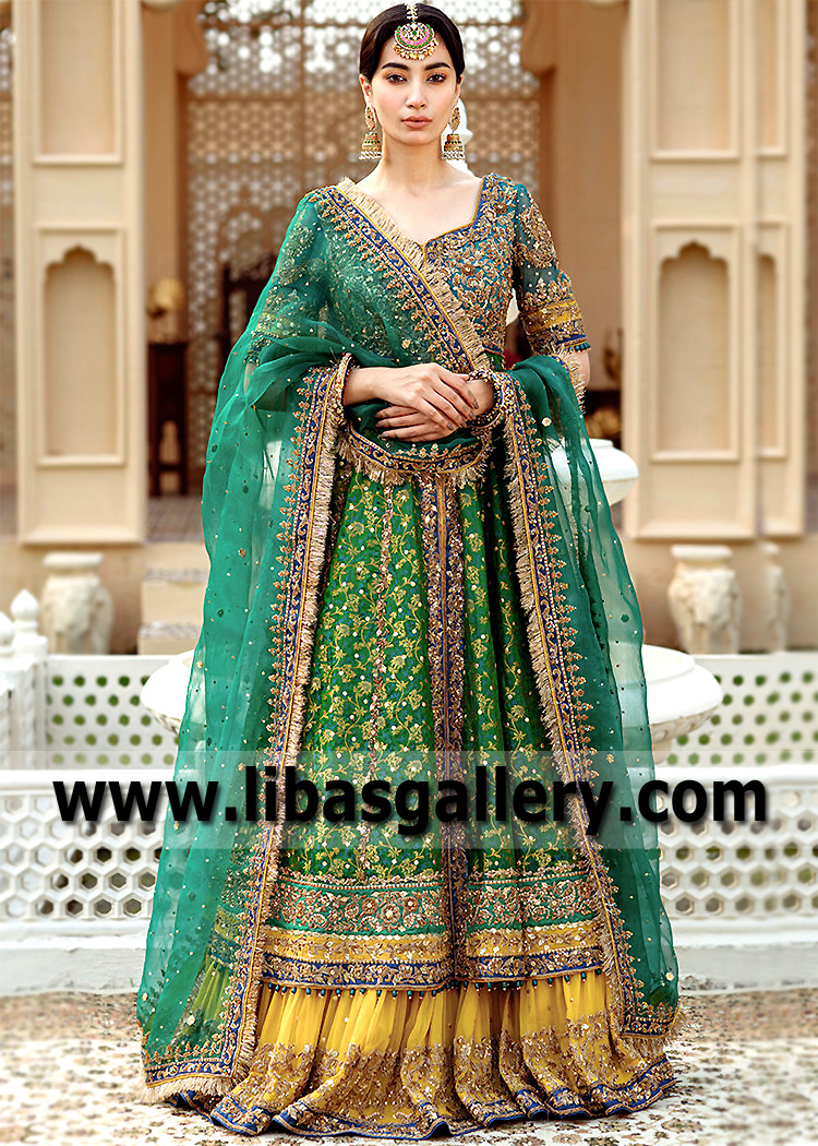 Forest Green Uvarovite Pishwas with Saffron Farshi Lehenga