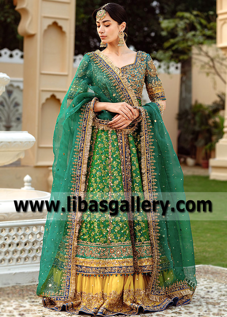 Forest Green Uvarovite Pishwas with Saffron Farshi Lehenga