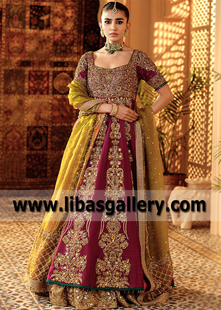 Burgundy Gold Rubellite Pishwas with Farshi Lehenga