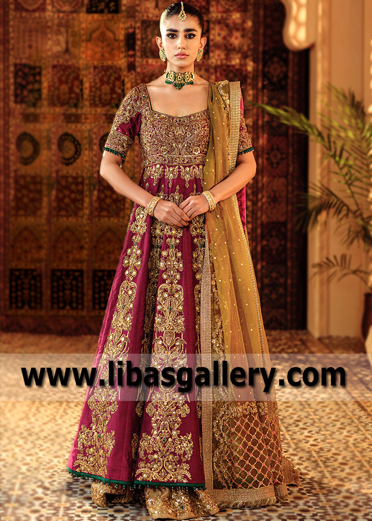 Burgundy Gold Rubellite Pishwas with Farshi Lehenga