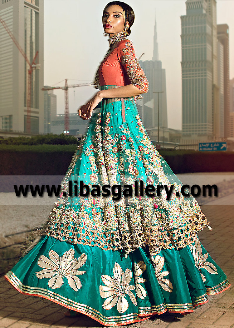 Coral Teal Anarkali Bridal Lehenga Canberra Australia Latest Pakistani Bridal Lehenga Collection