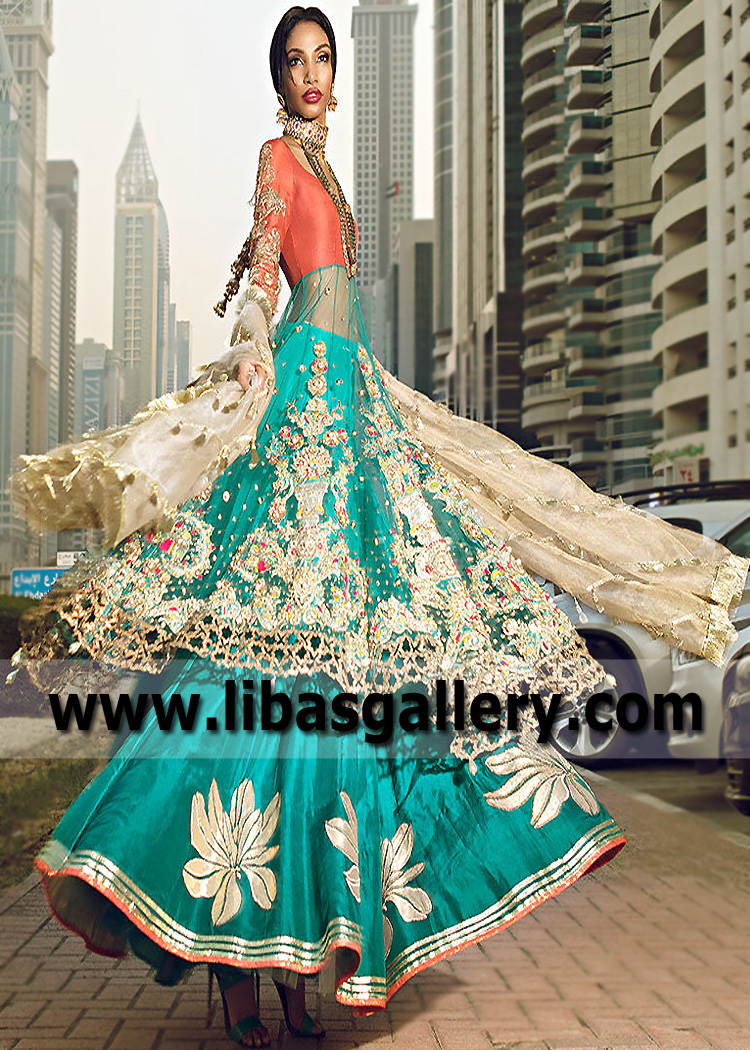 Coral Teal Vanadinite Net Frock with Raw Silk Lehenga