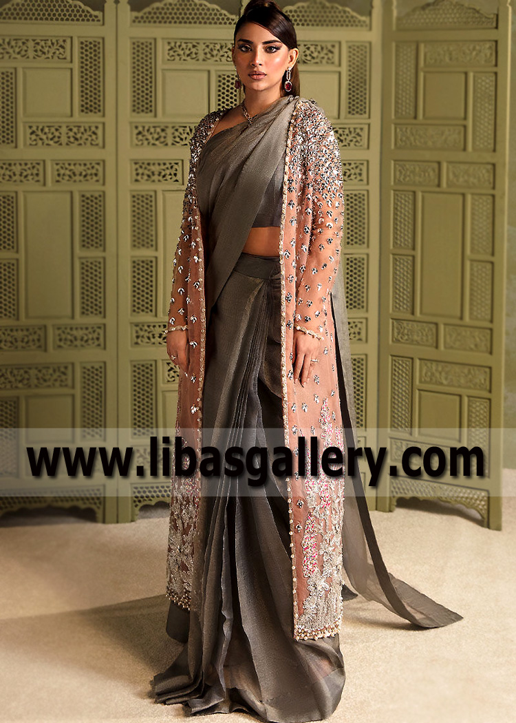 Dark Salmon Serandite Jacket and Gray Saree