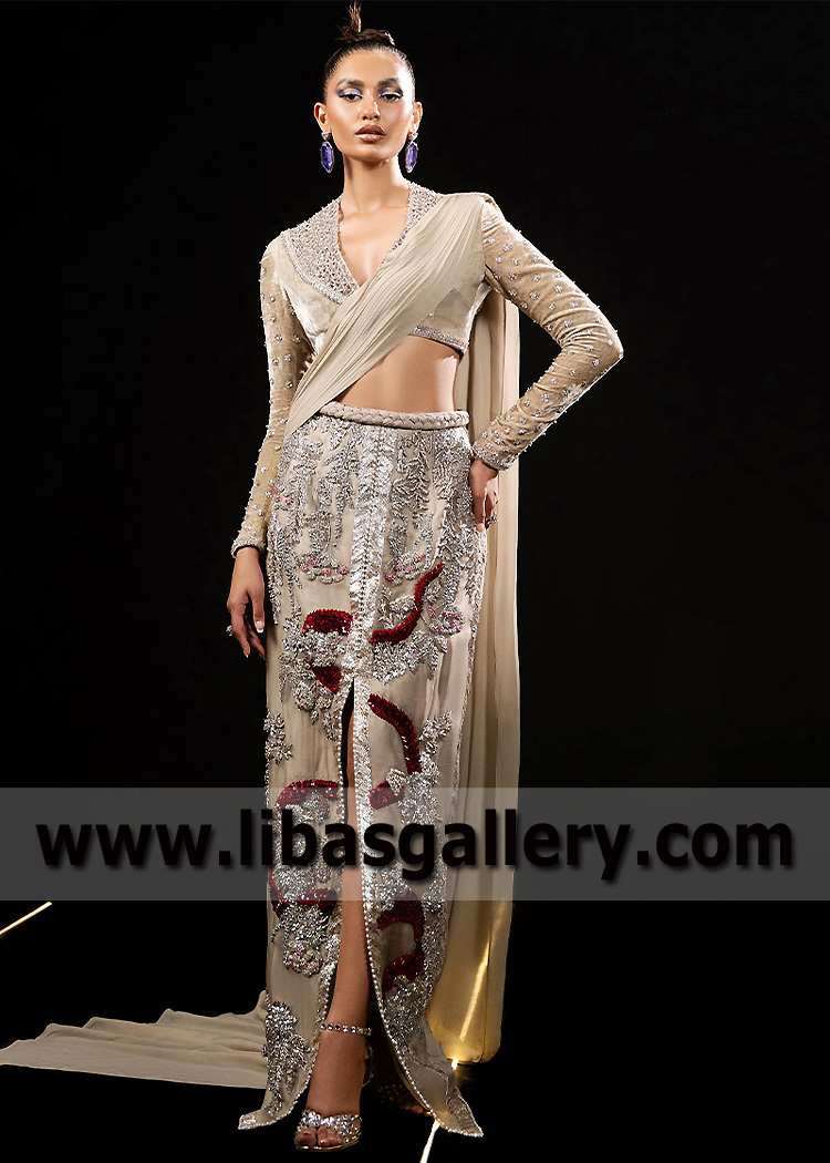 Pakistani Designer Sari Drape Skirt for Bridal Party Event Formal Event Saree Modern Style Saree Skirt