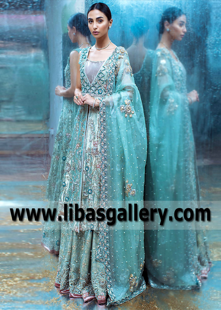 Crayola Sky Blue Boracite Flowy Gown with Lehenga