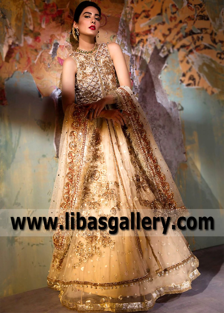 Pakistani Gown Dresses Croydon England UK Sadaf Fawad Khan Gown Lehenga kalidaar Shirt with Lehenga