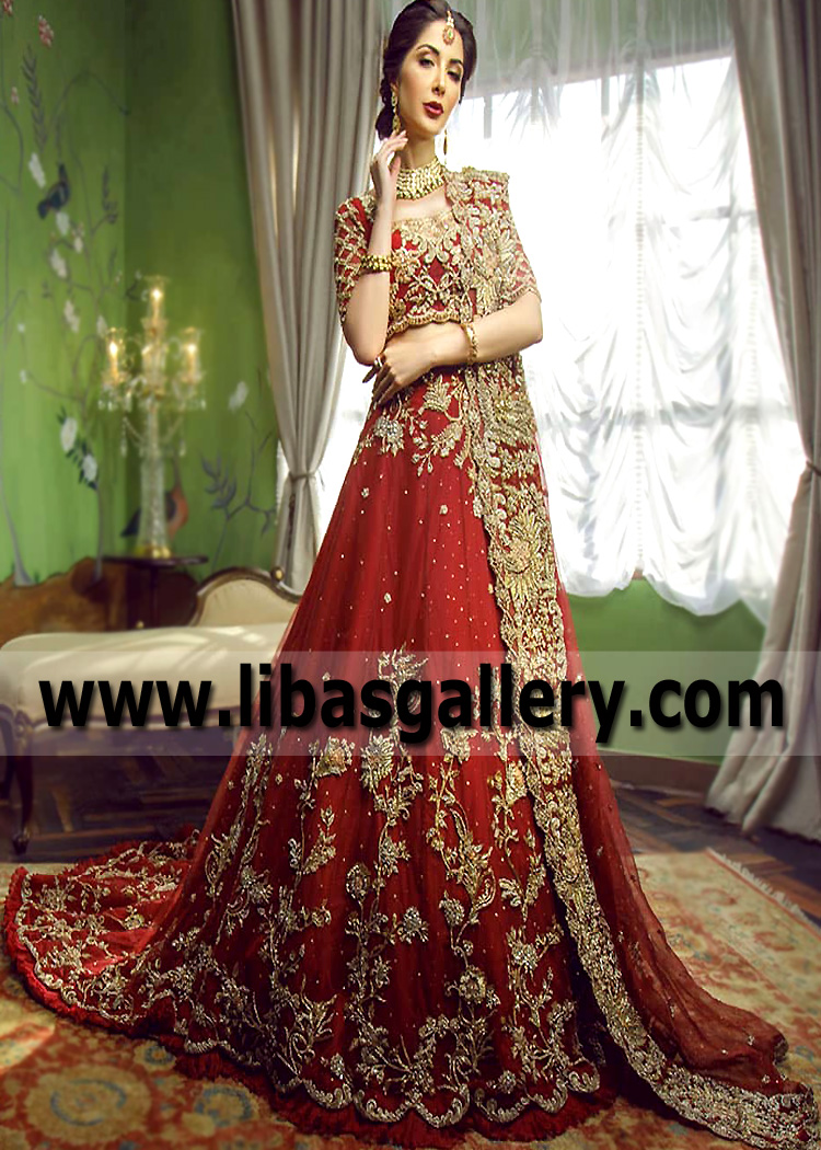 Fire Engine Red Friedelite Lehenga with Train