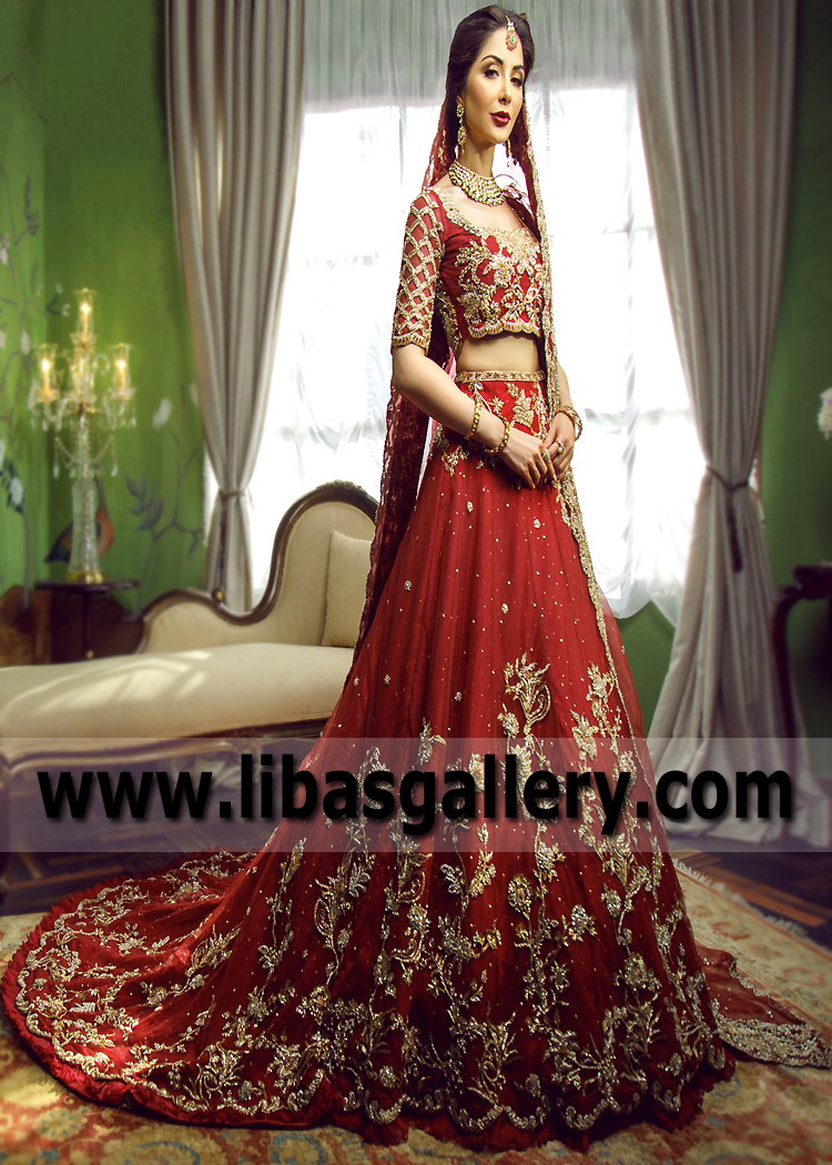 Fire Engine Red Friedelite Lehenga with Train