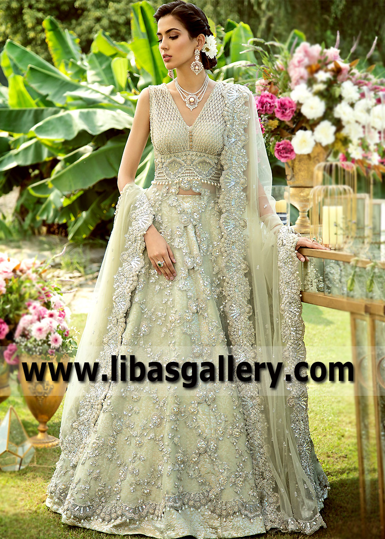 Light Honeydew Walima Dresses Pakistani Walima Pishwas Dresses for Bride Sadaf Fawad Khan