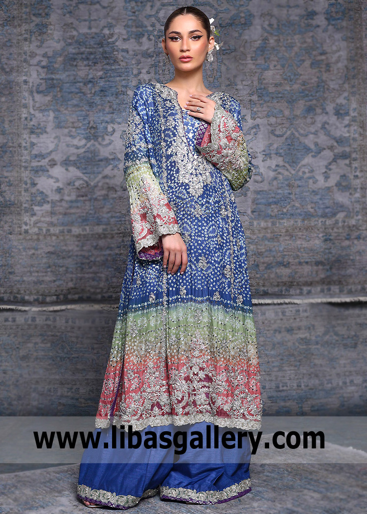 Steel Blue Zenobia Long Chunri Shirt With Trousers Suit