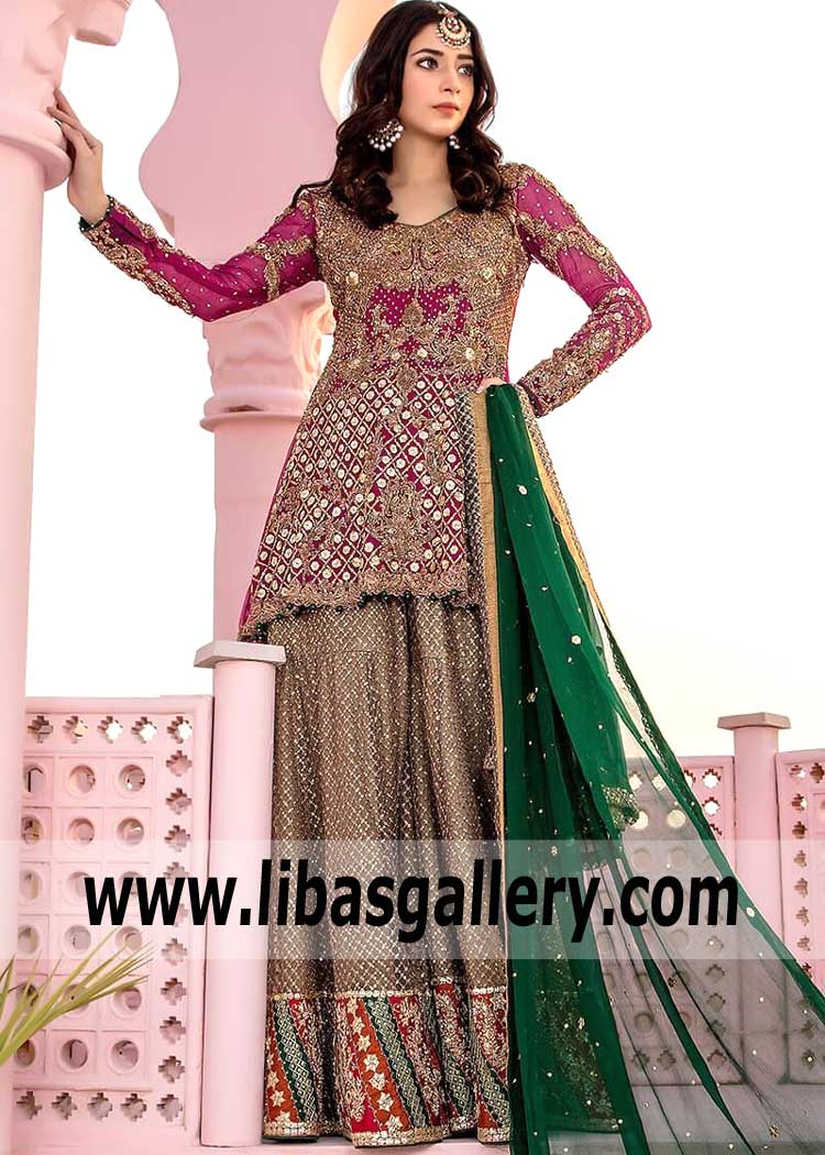 Desirable Pastel Brown Gharara Dress with Multi Color Applique