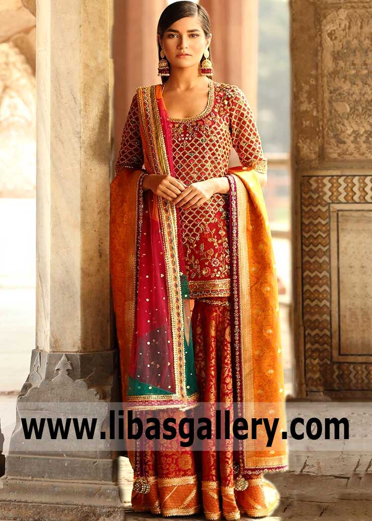 Pleasant Red Wedding Gharara Dress for Wedding and Formal Events