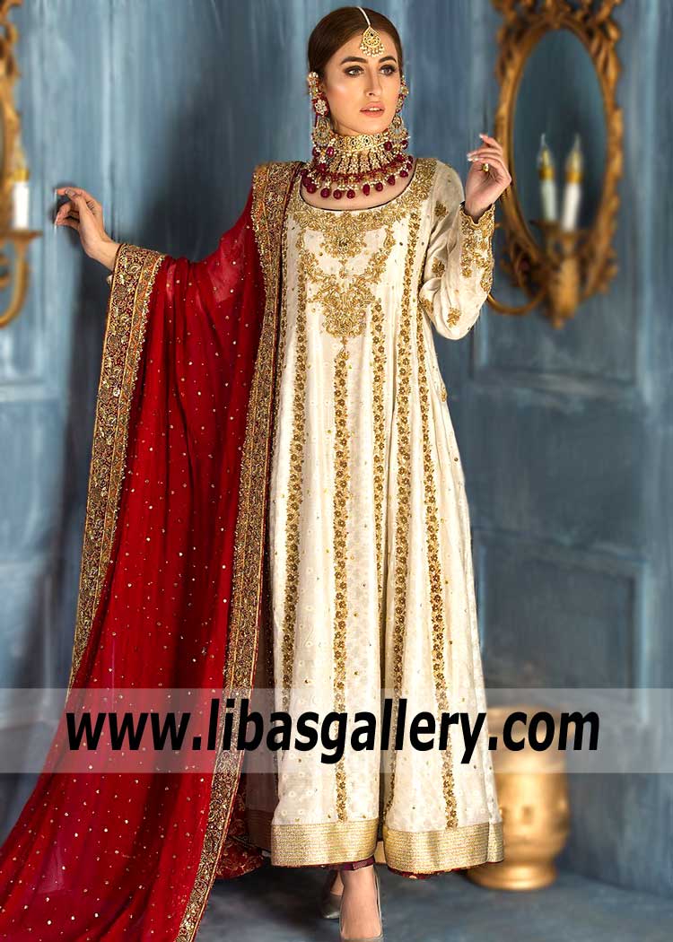 Pakistani Designer Ivory Anarkali Dress for Engagement and Special Events