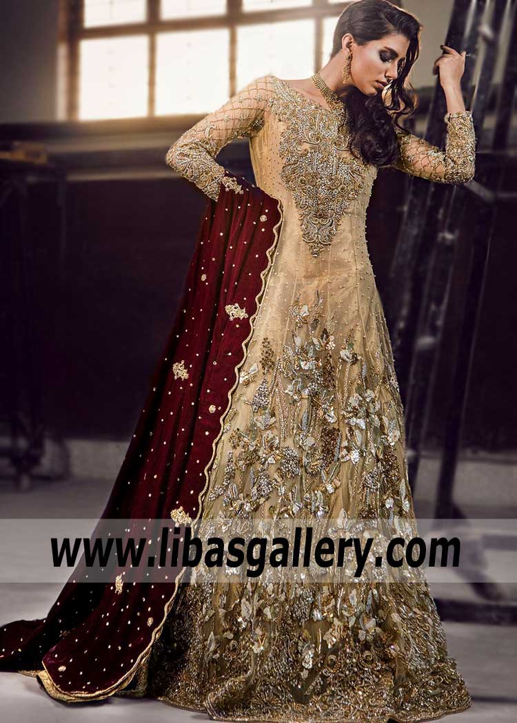 Gorgeous Metallic Glod Anarkali Wedding Gown for Barat and Valima