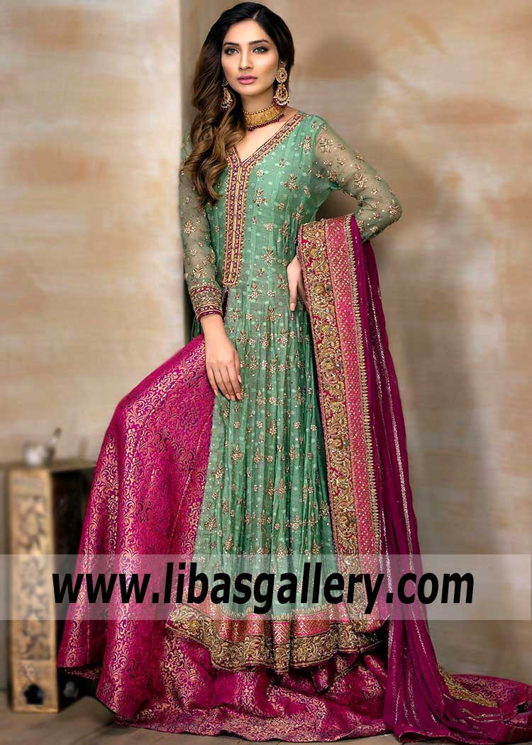 Elegant Persian Green Anarkali Bridal Dress with Heavily Embellished Bridal Dupatta