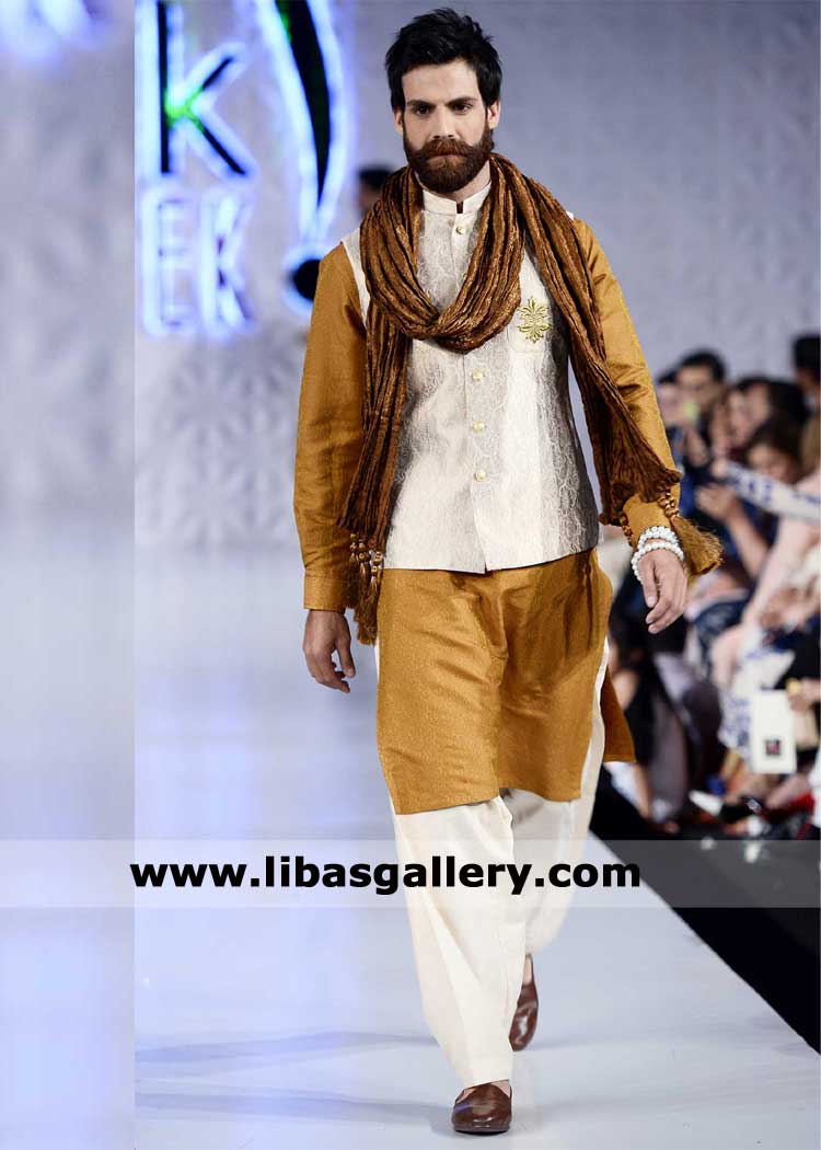 Jamawar waistcoat for men with sandy taupe kurta and white shalwar, Waistcoat is paired with Jamawar Stole Vancouver Arizona Dubai Sydney