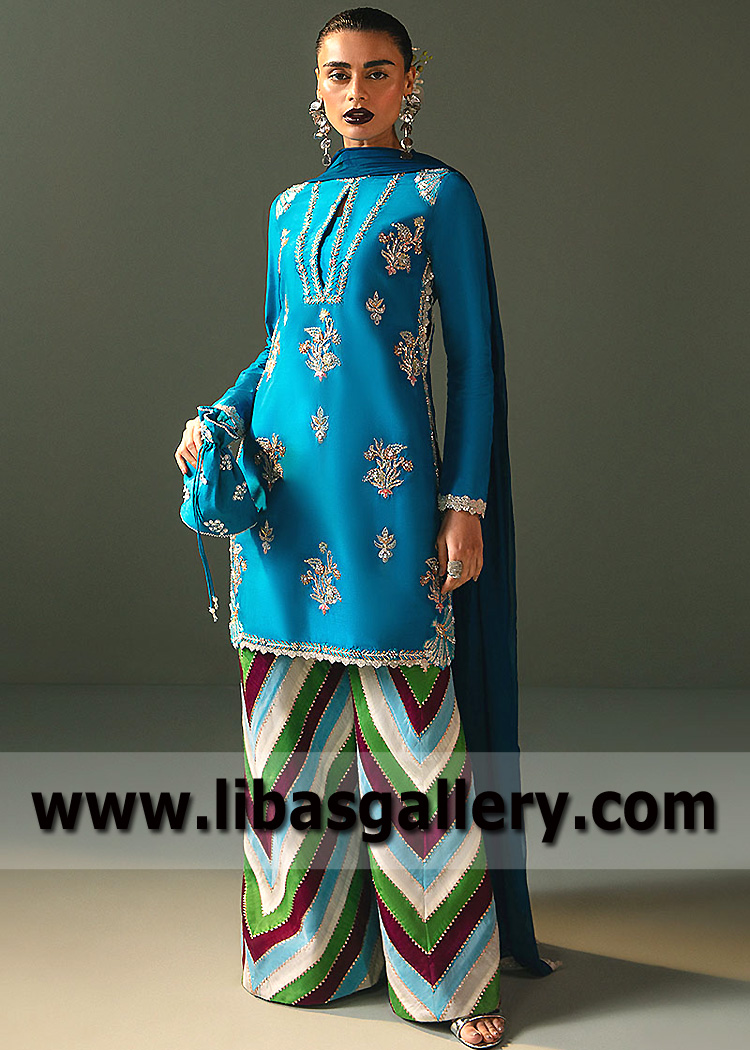 Stunning Multi Color Chatta Patti Trousers Suit Pakistani Party Wear Suits with Embellished Raw Silk Shirt