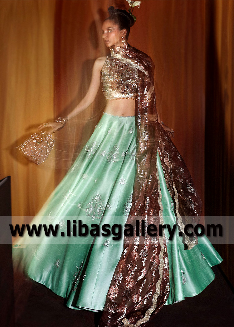 Caput Mortuum Phosphophyllite Choli with Aquamarine Lehenga