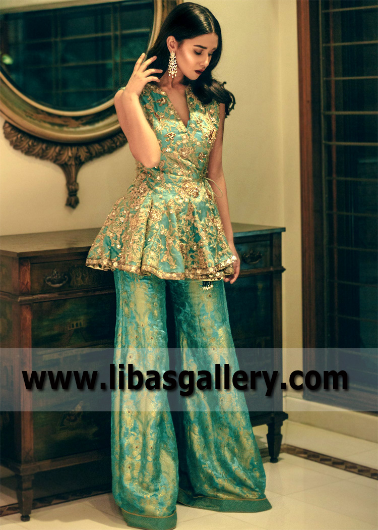 Designer Sadaf Fawad Khan Wedding Peplum Sharara UK USA Canada Australia Norway Sweden