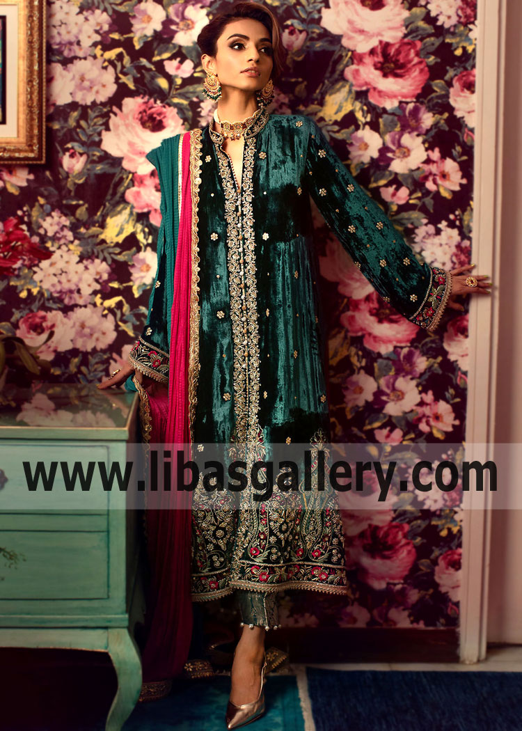 Green Fleur Embroidered Velvet Party Wear