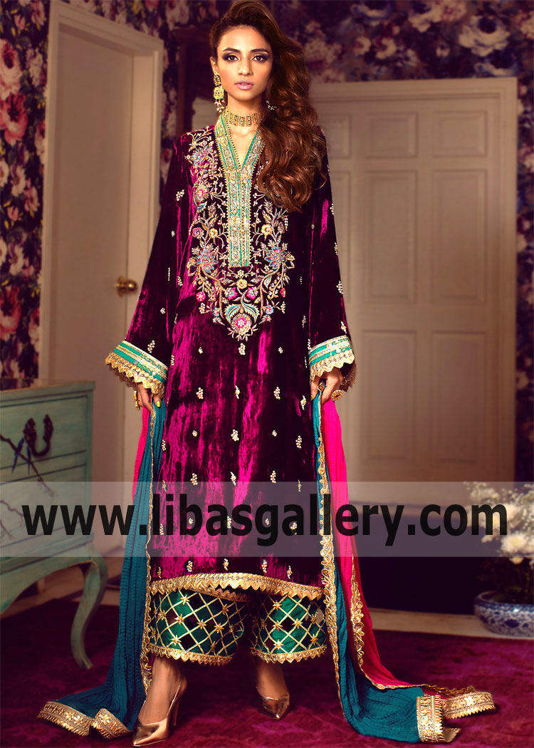 Purple Fleur Party Wear Velvet Dress