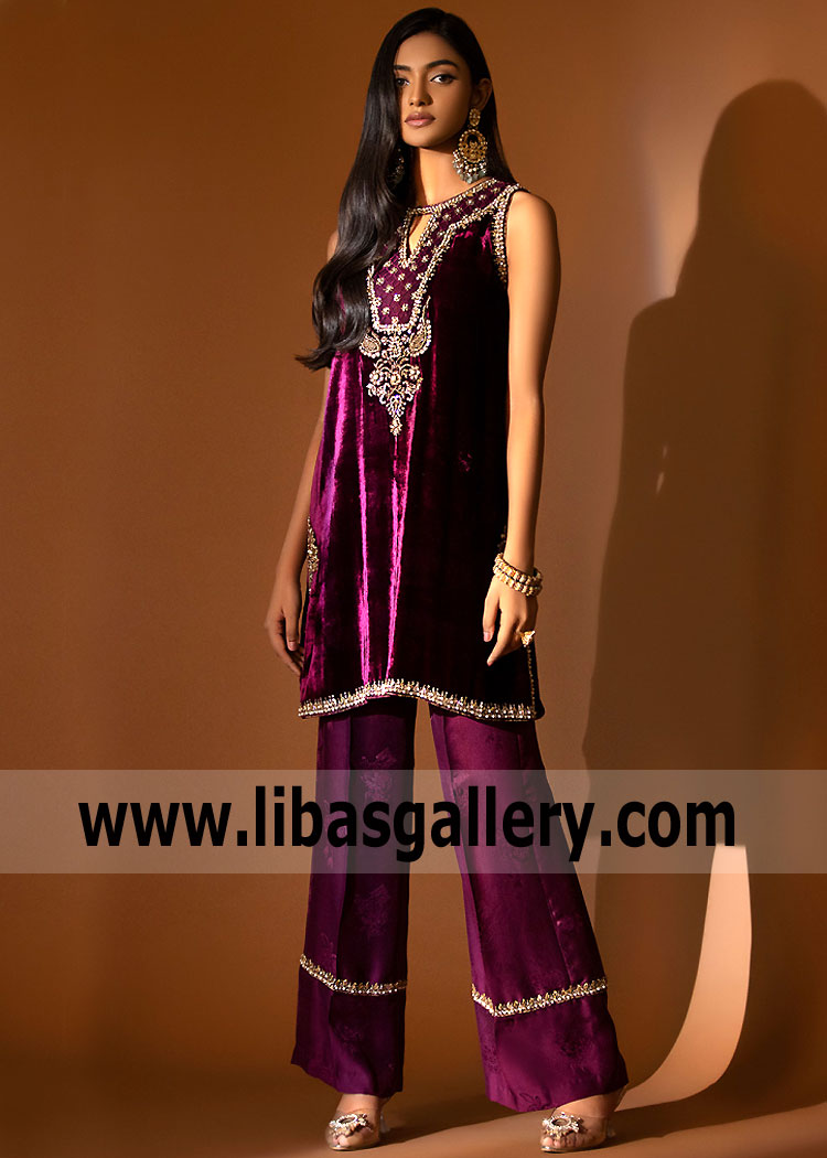 Dark Plum Achillea Velvet Dresses Pakistan