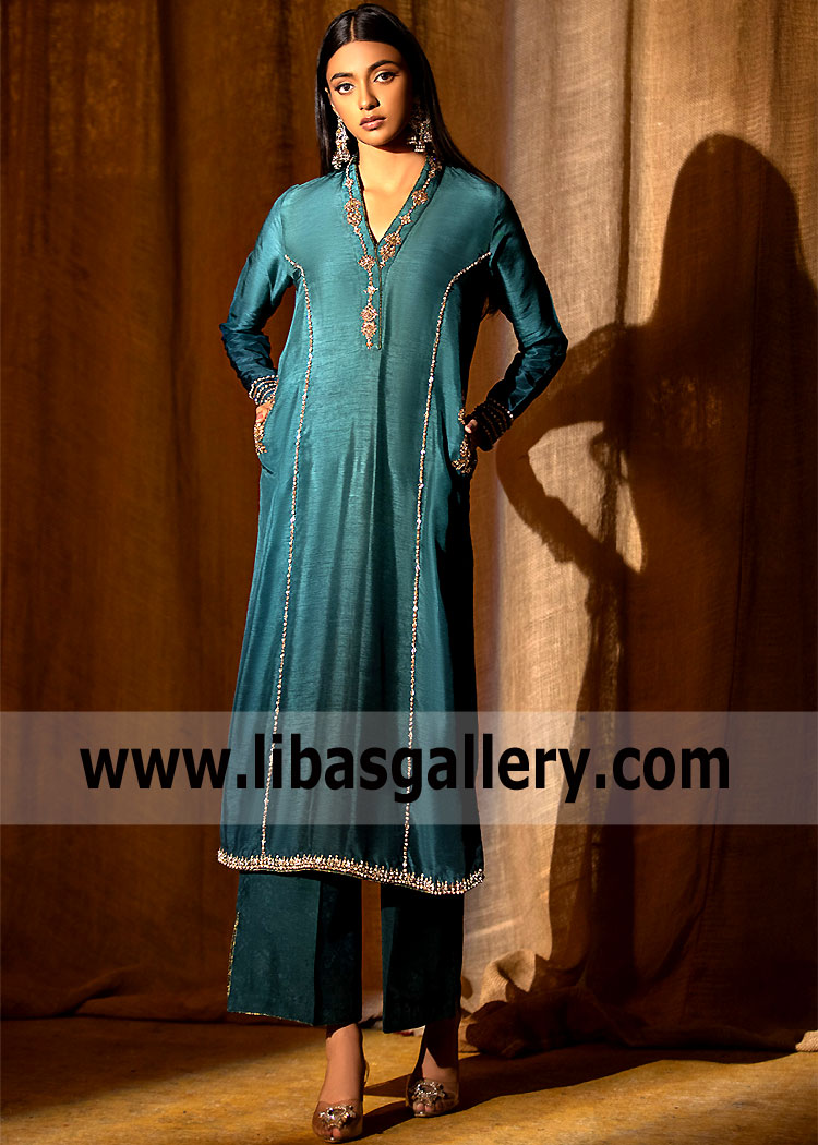 Teal Crinum Light Embellished Party Wear