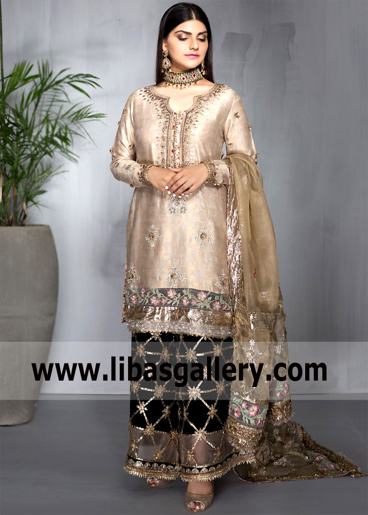 Golden Party Dresses Trends in Pakistan Vestal New York NY US Designer Wedding Guest Dresses Designs
