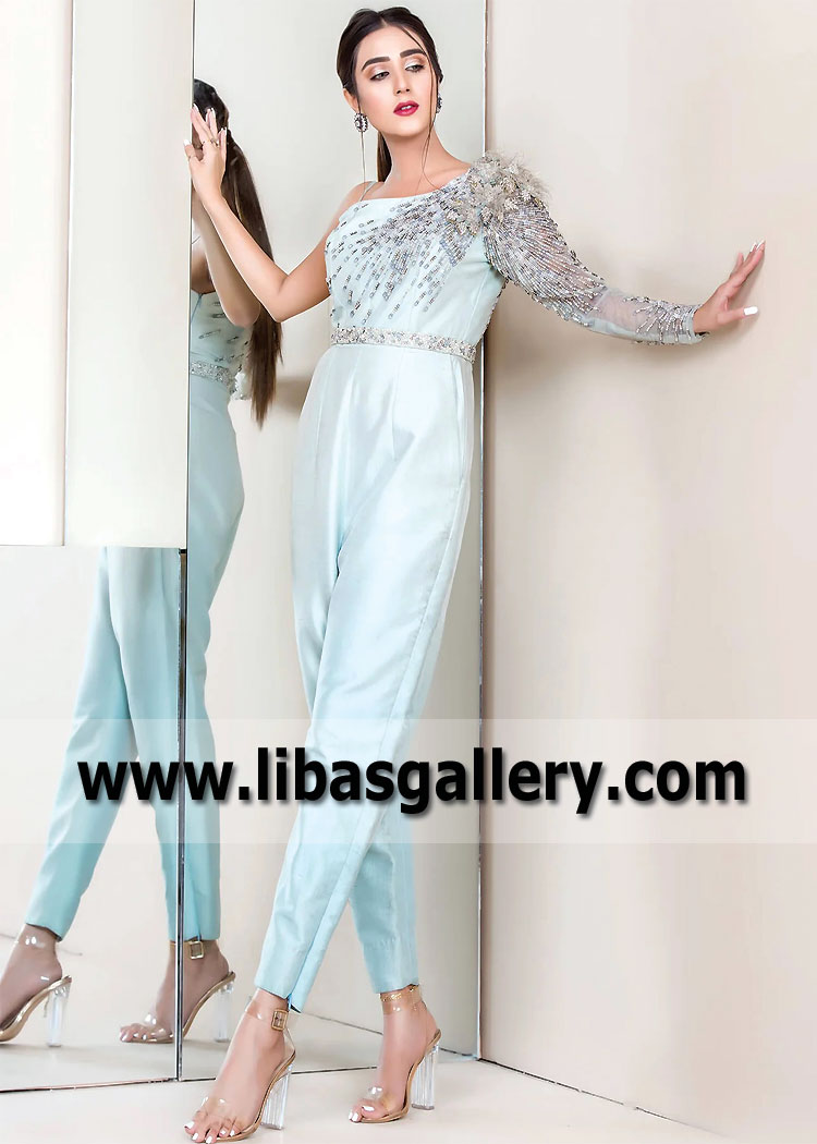 Beau Blue Hydrangea One-Shoulder Jumpsuit for Parties and Special Events