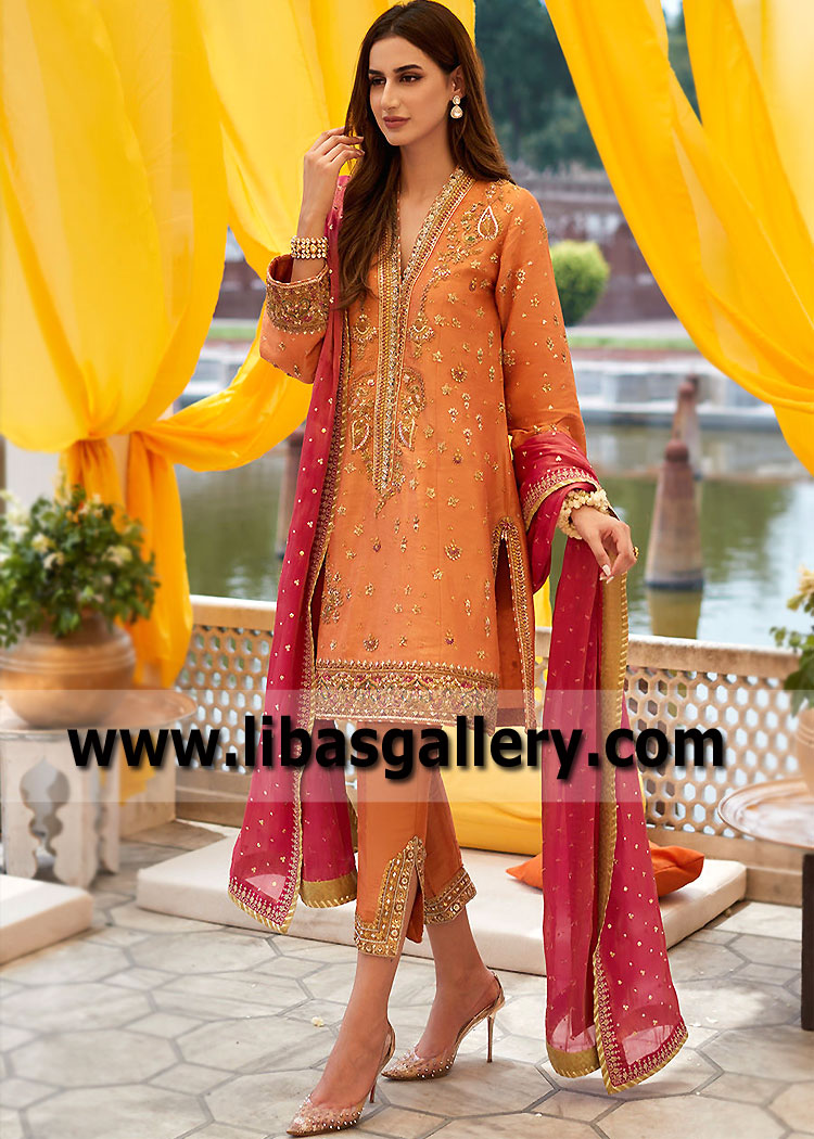Pakistani Party Wear for Mehndi Mayun Surrey UK Designer Party Dresses cropped pants Dresses