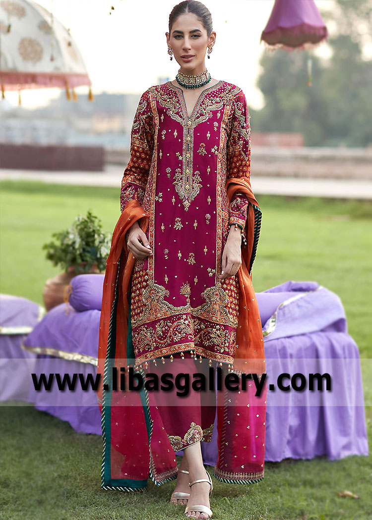 Claret Tulipa Shalwar Kameez For Newlywed Bride