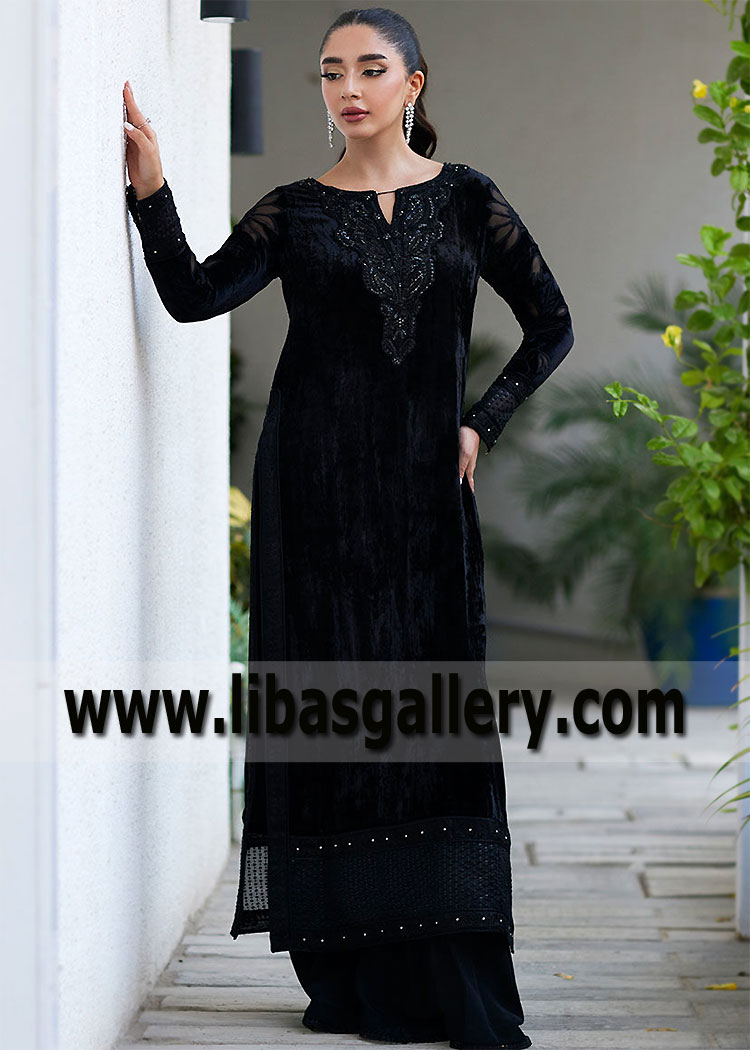 Pakistani Designer Velvet Dresses 2023 Party Wear in ebony, charcoal, onyx, jet black, licorice
