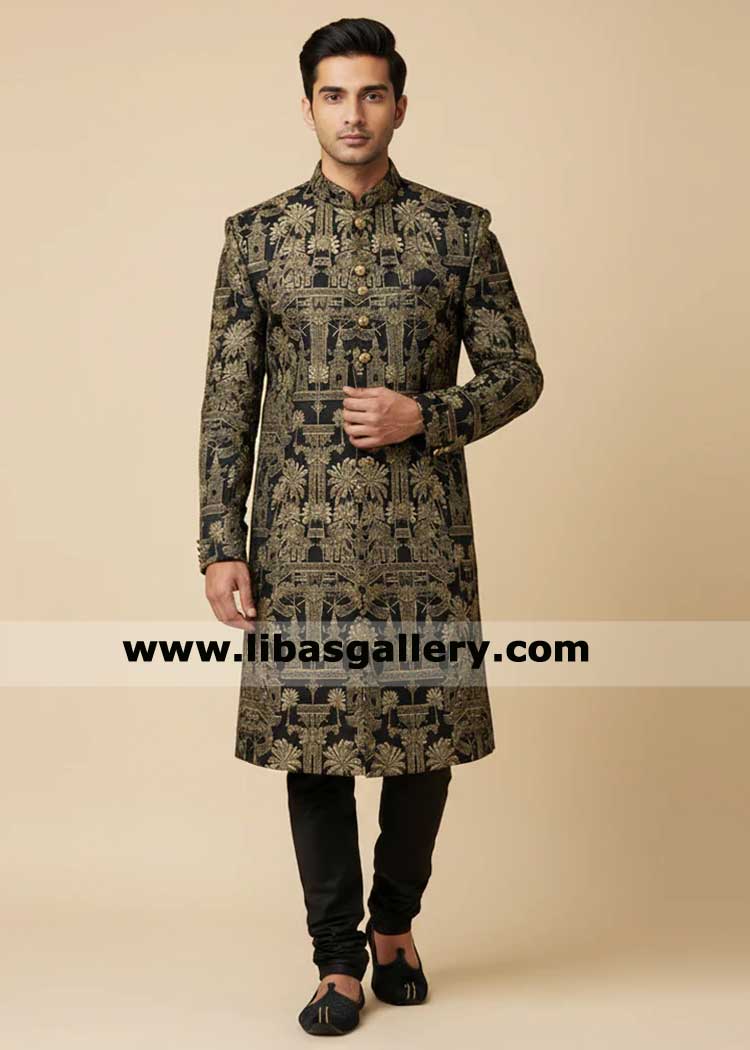 Premium Jamawar Black Traditional Wedding Sherwani, Groom Black Jamawar sherwani with Kurta trouser for Nikah Perth Oslo Dubai Toronto