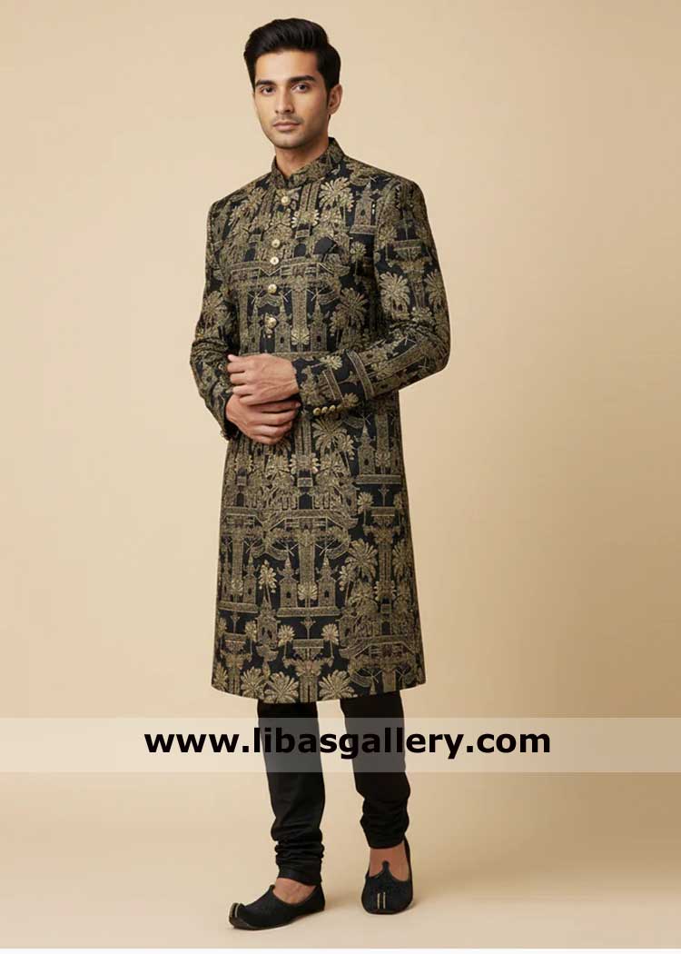 Premium Jamawar Black Traditional Wedding Sherwani