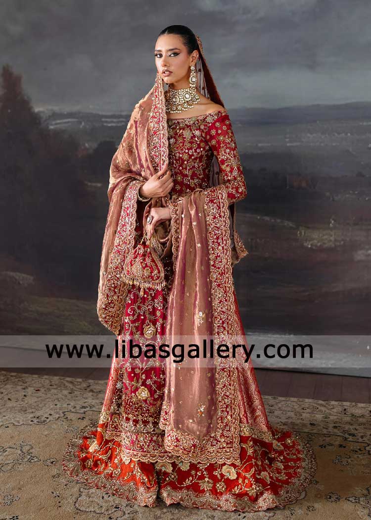 Bridal Red Peshwas Rust Farshi Gharara Pinkish Dupatta