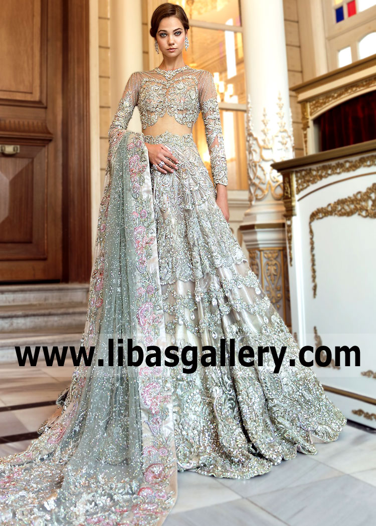 Silver Aqua Aster Bridal Dress with Stunning Embellishments