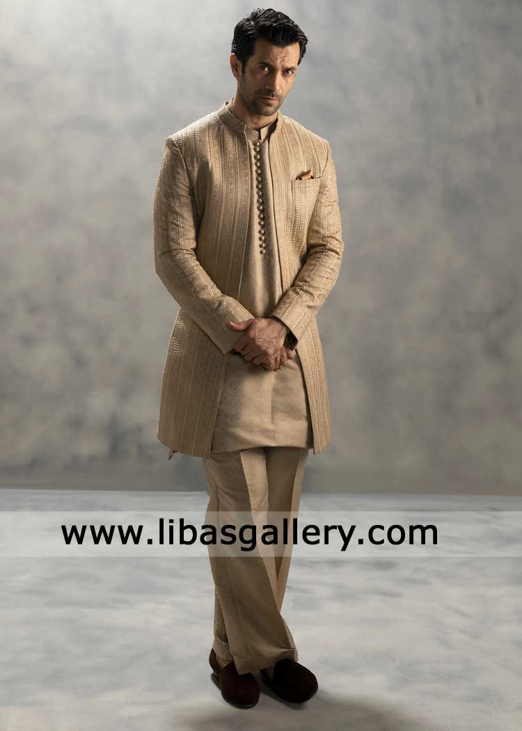 Beige Hand Embroidered Front open Groom Nikah Sherwani with matching loop button Karandi Kurta Suit and Shoes  London Dubai Montreal Florida