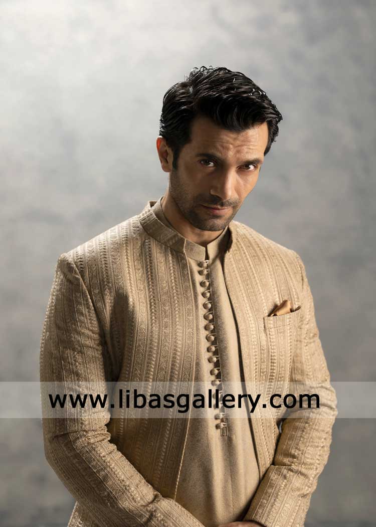 Beige front open Embroidered Groom Nikah Sherwani