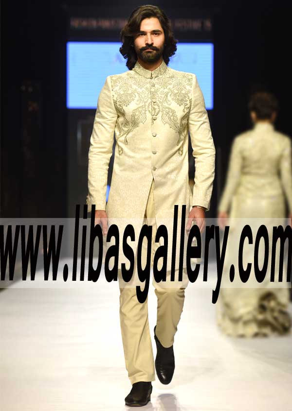 Banana wedding sherwani in ployester jamawar for self made groom dulha rich hand work collar front Vancouver Calgary Canada