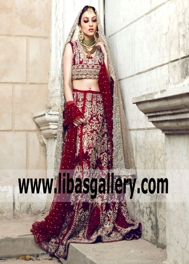Maroon Exclusive Bridal Lehenga Choli Exquisite Floral Embellishments By Saira Shakira