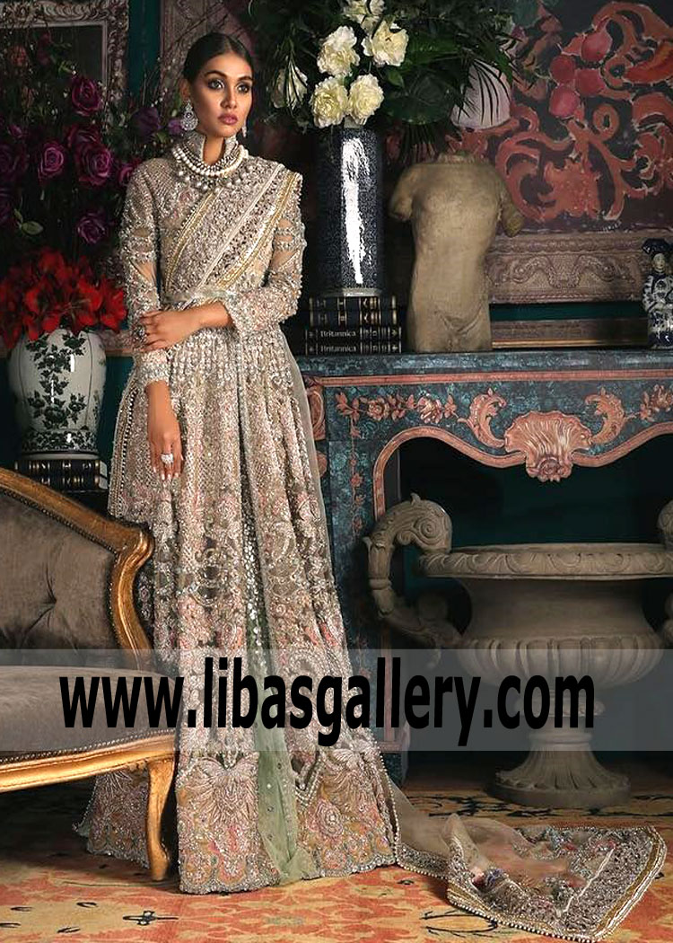 Off white Chiffon Empire Line Gown Fully Embellished By Sana Safinaz