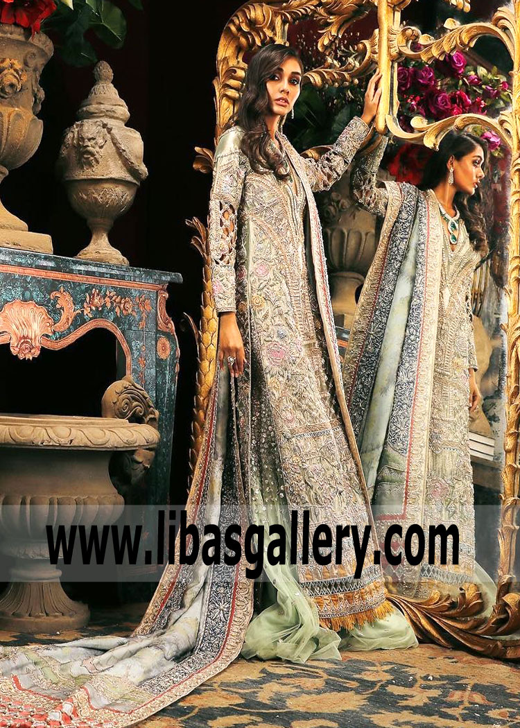 Pale Mint Multiple Embellished High Side Slits Wedding Dress By Sana Safinaz