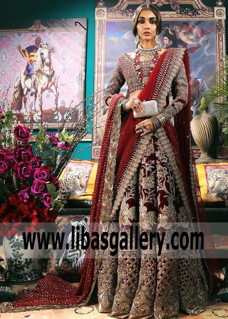 Dark Burgundy Chiffon Lehenga Choli Fully Embellished Wedding Dress By Sana  Safinaz