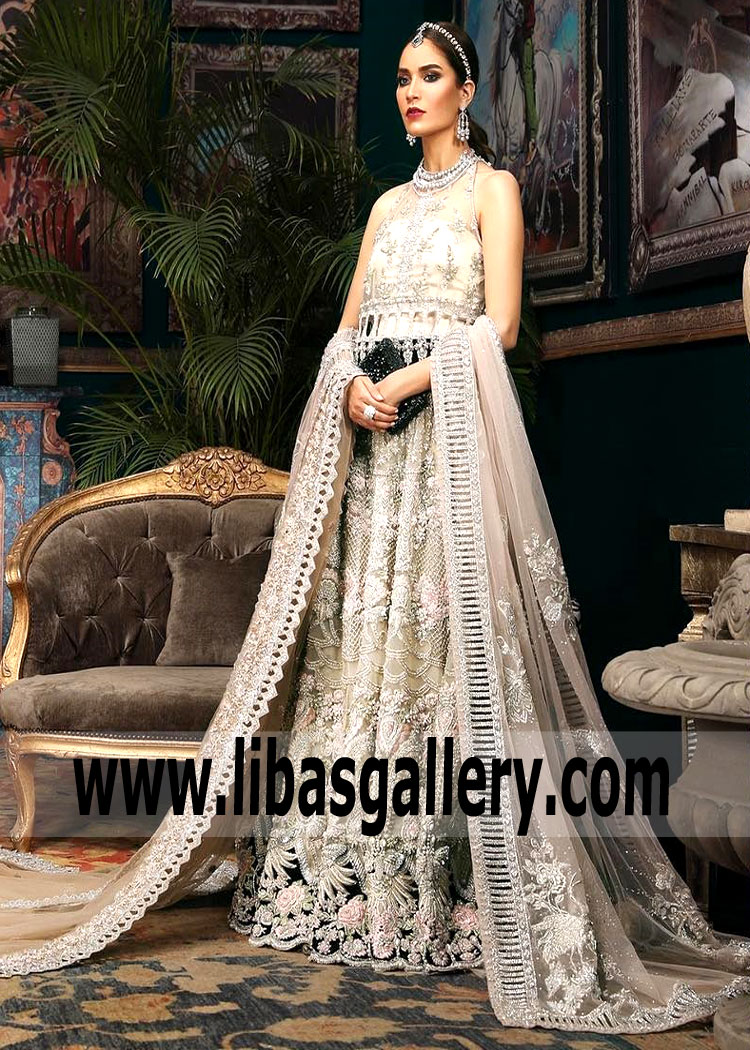 Cream Tulle Net Empire Line Long Gown Wedding Dress By Sana Safinaz