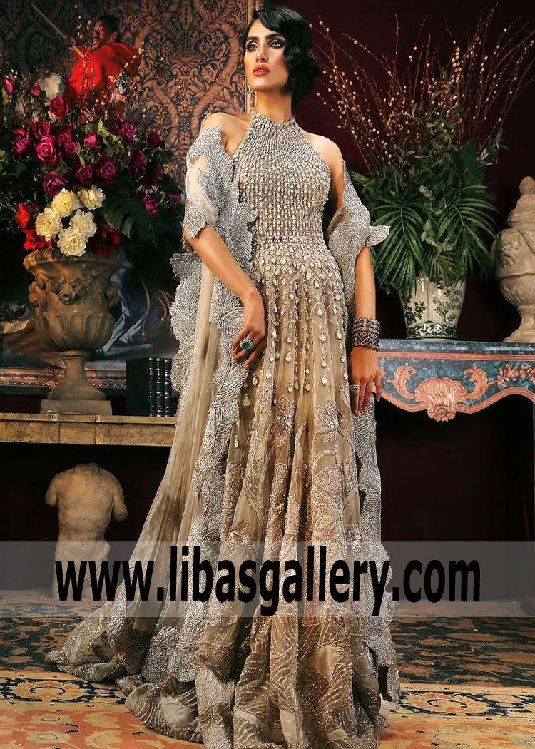 Beige Organza Silk Halter Strap Long Gown Wedding Dress By Sana Safinaz
