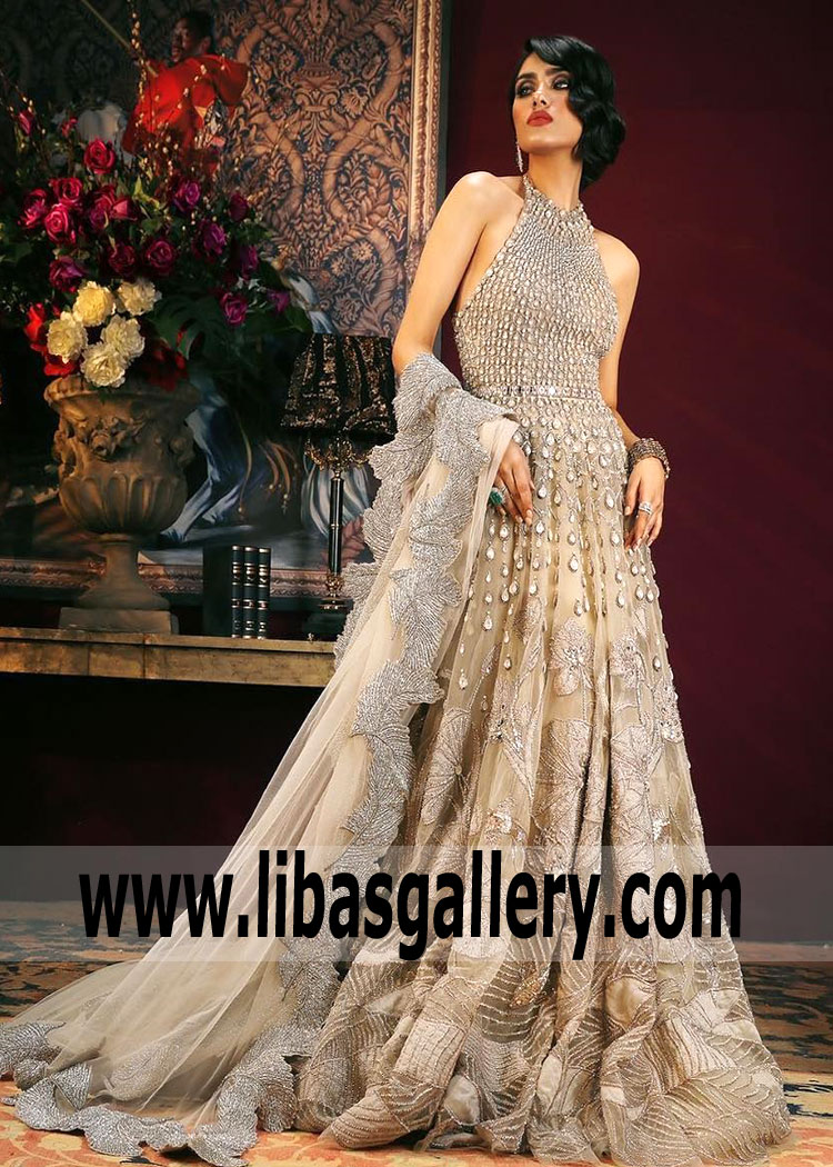Beige Organza Silk Halter Strap Long Gown Wedding Dress By Sana Safinaz