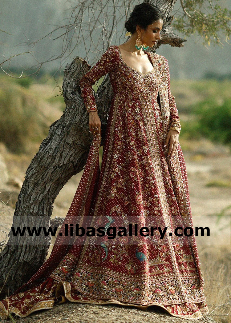 Garnet Red Cotton Net Crystal Embroidered Pishwas Lehenga Set