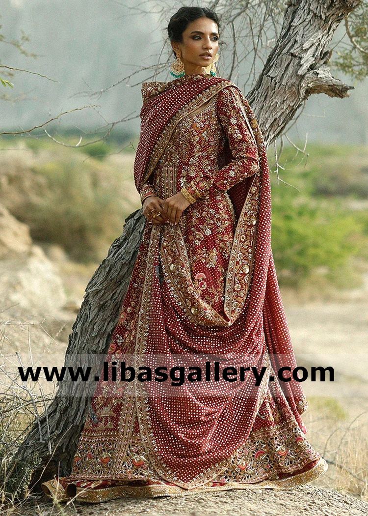 Garnet Red Cotton Net Crystal Embroidered Pishwas Lehenga Set